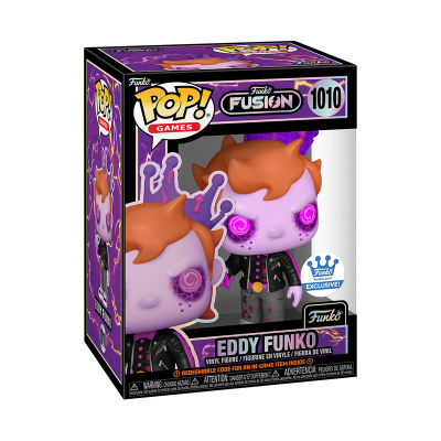 Figura Funko Pop! Eddy Funko com pele lilás e olhos brilhantes numa caixa roxa