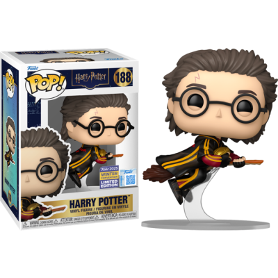 Funko Pop Harry Potter a voar numa vassoura com capa preta e detalhes dourados