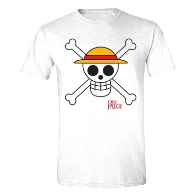 T-shirt branca com caveira e texto One Piece