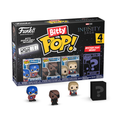 Caixa com quatro figuras Funko Bitty Pop! Marvel Infinity Saga, com Capitão América, Nick Fury, Thor e figura surpresa