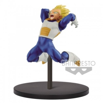 Figura colecionável personagem com fato azul e armadura branca, base preta