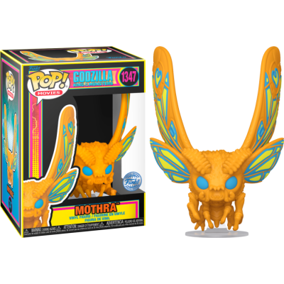 Figura Funko Pop! Mothra laranja com asas azul e amarelo em vinil com embalagem