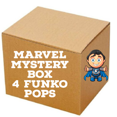 Caixa de cartão com texto 'MARVEL MYSTERY BOX 4 FUNKO POPS' e desenho de boneco super-herói.