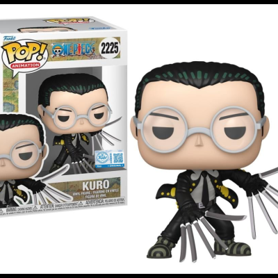 Funko Pop! Kuro da animação One Piece, figura em caixa com detalhes amarelos e azuis.