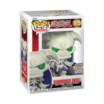 Figura Funko Pop! Summoned Skull da animação Yu-Gi-Oh!, vinil, olhos verdes, chifres, capa azul, caixa com etiqueta edição limitada.