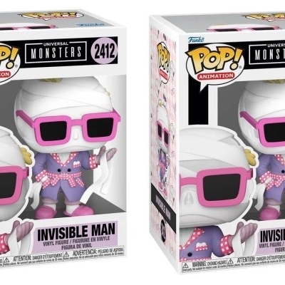 Funko Pop Invisible Man vinil Universal Monsters na caixa branca com óculos rosa e roupa roxa xadrez