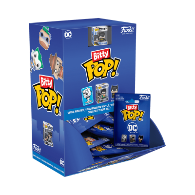 Expositor azul de figuras de vinil Bitty Pop! tema DC da Funko com embalagens e imagens dos personagens Batman, Coringa e Robin