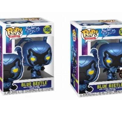 Duas caixas Funko Pop! Blue Beetle modelo 1403 com boneco azul e preto