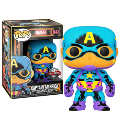 Figura Funko Pop! Captain America colorida em padrão vibrante com embalagem original