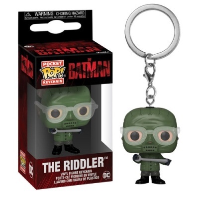 Chaveiro Funko Pop do The Riddler em vinil verde com embalagem preta e vermelha