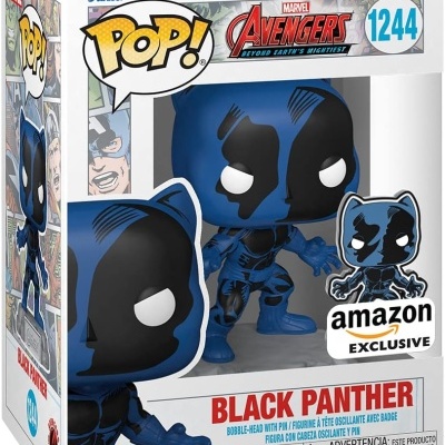 Figura Funko Pop! Black Panther azul e preto em caixa transparente com etiquetas amazon EXCLUSIVE.
