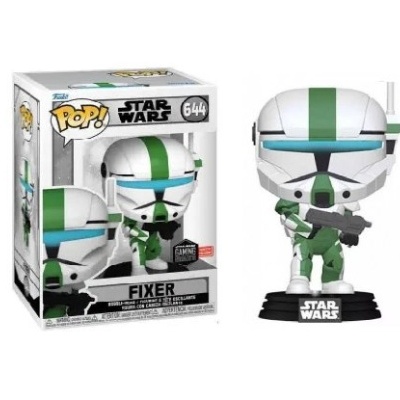 Figura Funko Pop! de FIXER da série Star Wars com detalhes verdes e azuis em vinil e caixa original.