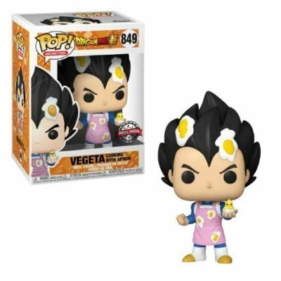 Figura Funko Pop Vegeta com avental rosa e ovos fritos no cabelo, caixa com janela