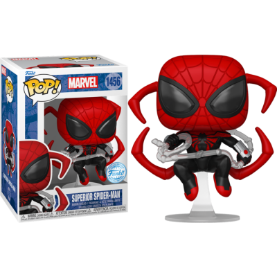 Boneco Funko Pop! Superior Spider-Man vermelho e preto com base transparente e caixa ao lado.
