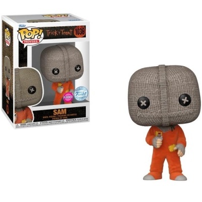 Figura Pop! Movies de Sam do Trick 'r Treat com cabeça de tecido cinzento e fato laranja