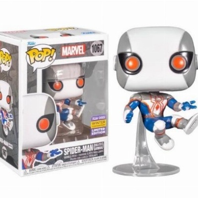 Figura Funko Pop! Spider-Man futurista branco, azul e vermelho com olhos laranja e base transparente ao lado da caixa original.