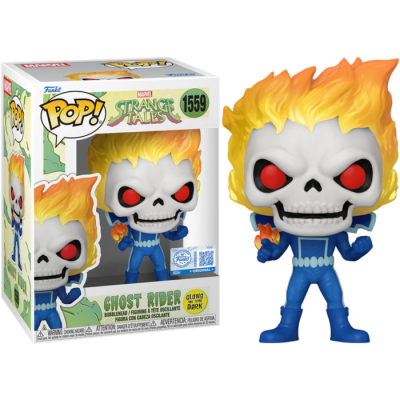 Figura Funko Pop! Ghost Rider com cabeça flamejante e traje azul na caixa transparente