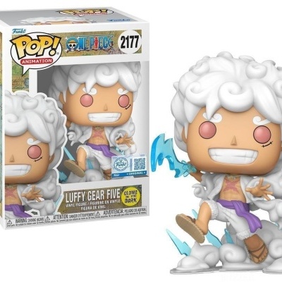 Figura Funko Pop! Luffy Gear Five em vinil com roupa branca e cabelo encaracolado