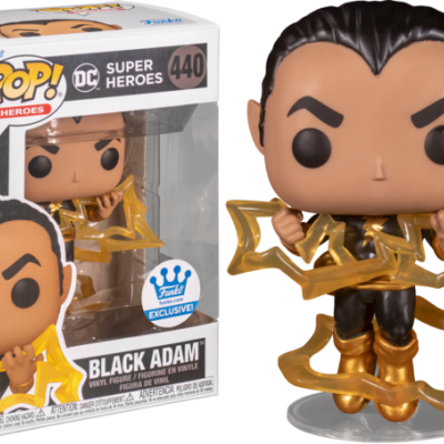 Figura colecionável Funko Pop! Black Adam com roupa preta e dourada e raios dourados em base transparente ao lado da caixa.
