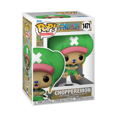 Figura Funko Pop! Chopperemon da série One Piece, com chapéu verde e roupa verde clara, dentro de caixa