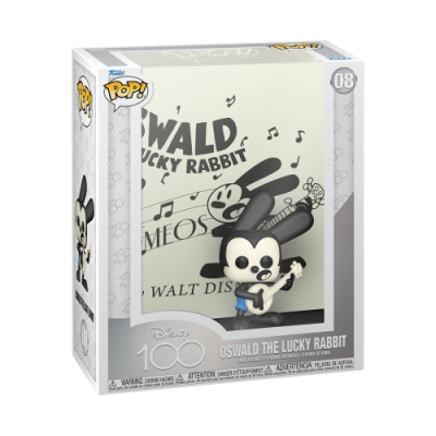 Figura Funko Pop! Oswald the Lucky Rabbit com violão azul numa caixa com tema Disney 100.