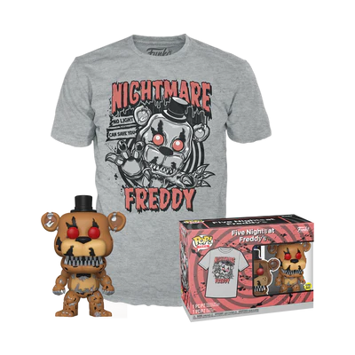 Conjunto merchandising Five Nights at Freddy's com t-shirt cinzenta e figura Funko Pop