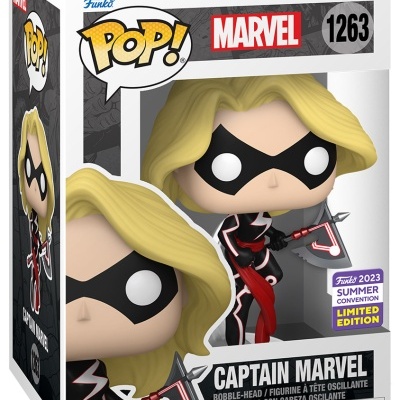 Figura Funko Pop! Marvel Captain Marvel com máscara preta e cabelo loiro em embalagem