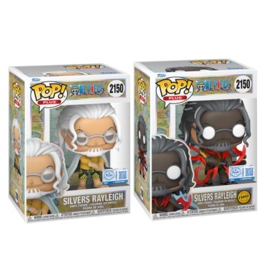 Duas figuras Funko Pop! Plus de Silvers Rayleigh em caixas transparentes, uma com cabelo branco e óculos, a outra com efeito dourado e detalhes vermelhos.