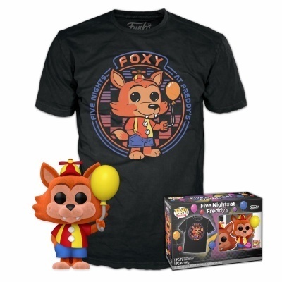 T-shirt preta com estampa de Foxy, boneco Funko Pop de Foxy com balão e embalagem do conjunto