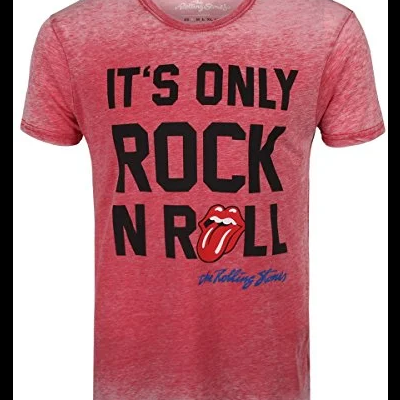 T-shirt vermelha desgastada com texto preto frontal e logo The Rolling Stones
