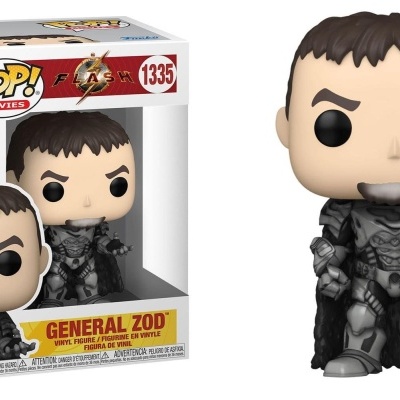 Figura Funko Pop! General Zod com capa preta ao lado da sua embalagem com janela transparente.