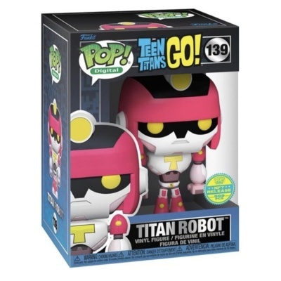 Brinquedo Funko POP! Titan Robot da série Teen Titans GO! dentro da embalagem.