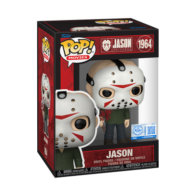 Figura Funko Pop Jason com máscara branca e roupa verde na embalagem