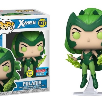 Figura Funko Pop! Polaris X-Men com roupa e cabelo verdes ao lado da caixa.