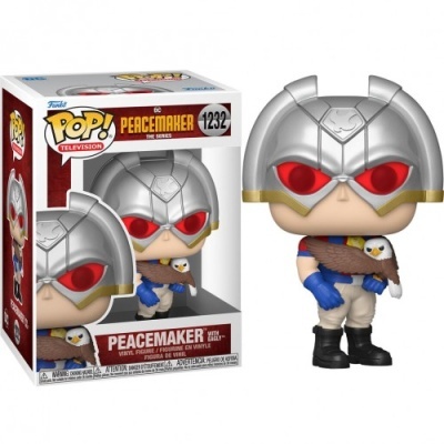 Funko Pop! Peacemaker com capacete prateado, olhos vermelhos e águia à volta do pescoço, em caixa original