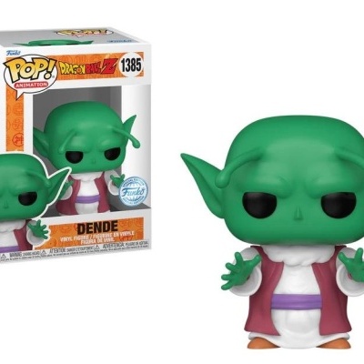 Boneco Funko Pop! Dende verde com roupa branca e casaco vermelho em caixa branca e laranja.