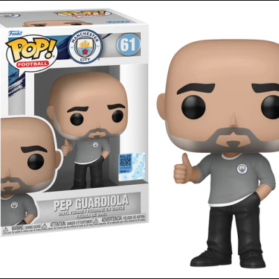 Funko Pop! Pep Guardiola com roupa cinzenta e preta na caixa oficial