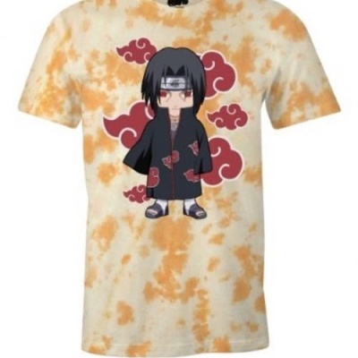 T-shirt branca com manchas laranja e personagem animado no centro