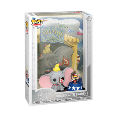 Figura Funko Pop Disney Dumbo e Timothy em embalagem com ilustração ao fundo