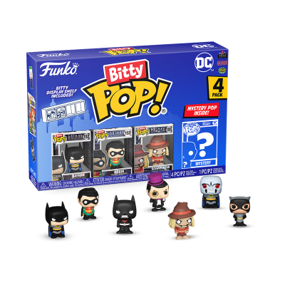 Pack de 4 figuras Funko Bitty Pop! de personagens DC com caixa azul e miniaturas vinil