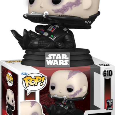 Funko Pop! Darth Vader com capacete removido parcialmente, caixas e logos Star Wars e Funko Pop!