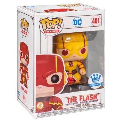 Figura Funko Pop! The Flash amarela e vermelha na caixa branca com janelas transparentes