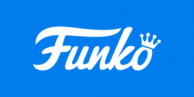 Logotipo Funko branco com coroa em fundo azul