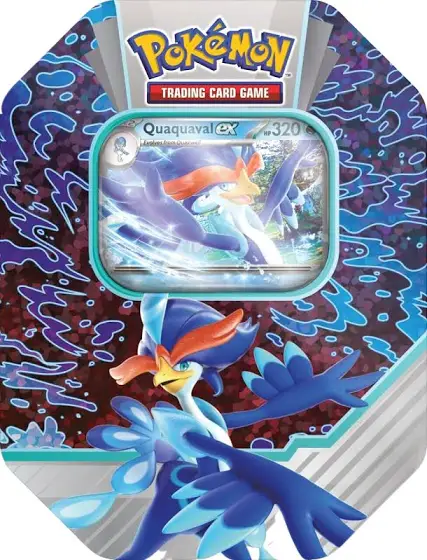 Caixa metálica do jogo Pokémon com cartas Quaquaval ex em fundo colorido