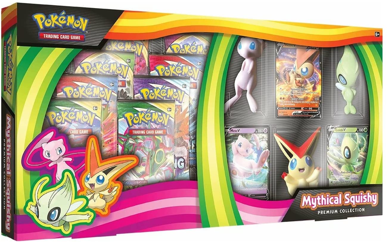 Caixa Pokémon Mythical Squishy Premium Collection com cartas e figuras de borracha