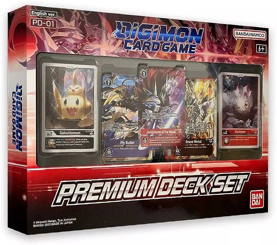 Caixa vermelha e preta do Digimon Card Game com quatro cartas visíveis