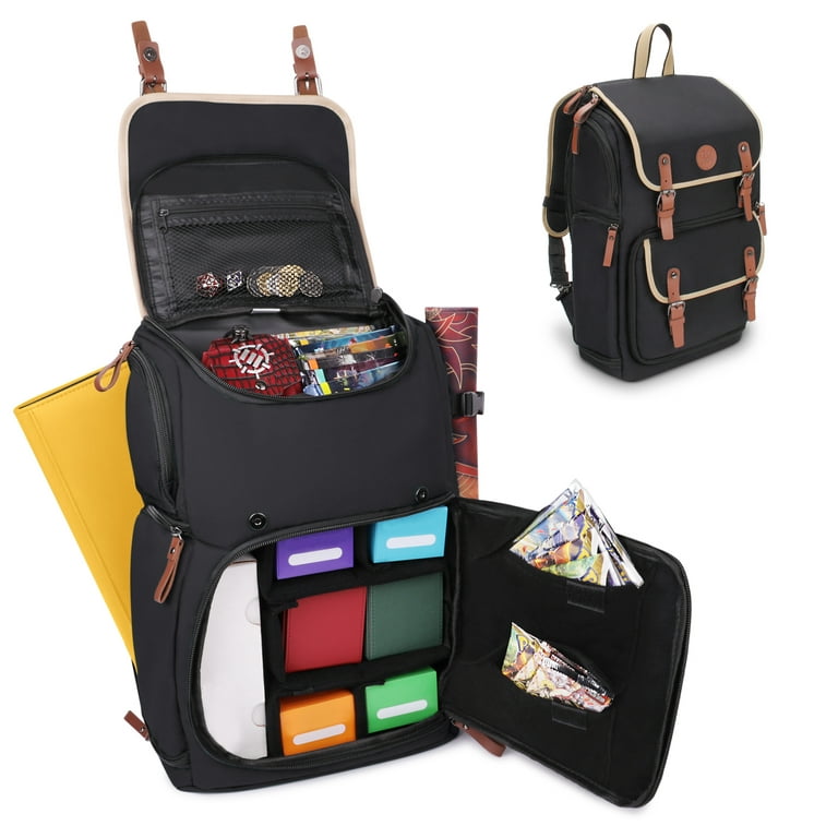 mochila preta com compartimentos coloridos abertos