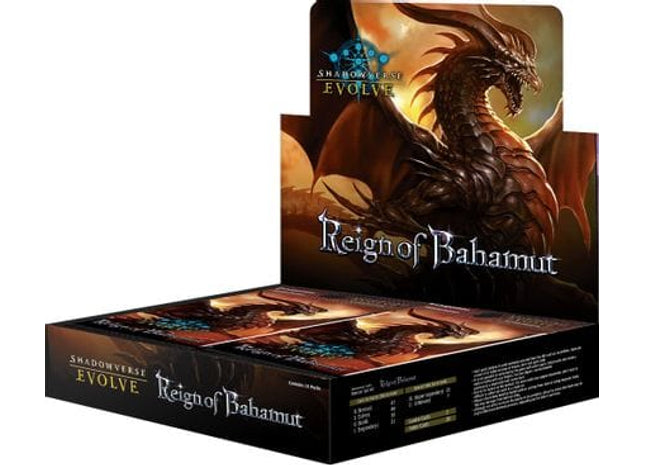 Caixa de cartas SHADOWVERSE EVOLVE REIGN OF BAHAMUT com dragão e design escuro