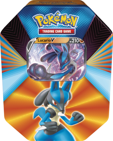 Embalagem metálica do jogo de cartas Pokémon com Lucario V em destaque
