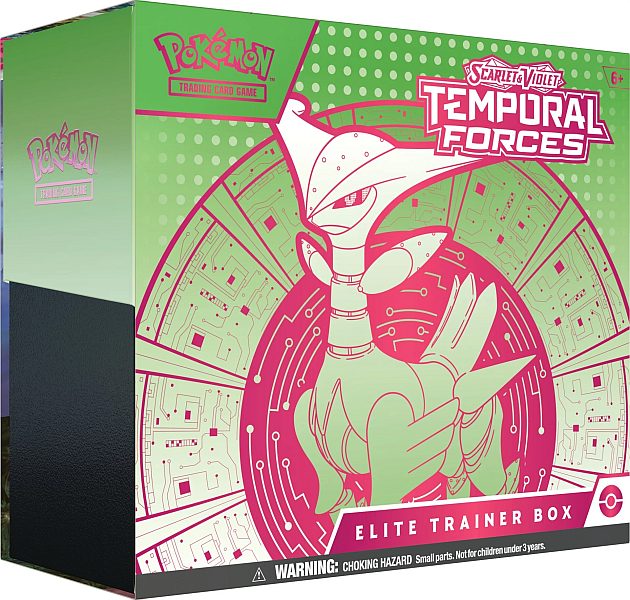 Caixa verde e rosa de 'Pokémon TCG Scarlet & Violet Temporal Forces Elite Trainer Box' com imagem do Arceus.